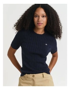 Stretch Cotton Cable Short Sleeve Knit in Blue