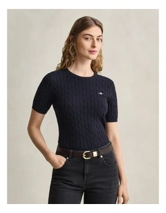 Stretch Cotton Cable Short Sleeve Knit in Blue