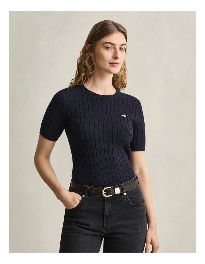 Stretch Cotton Cable Short Sleeve Knit in Blue image 1