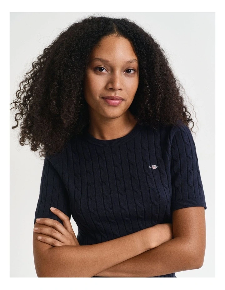 Stretch Cotton Cable Short Sleeve Knit in Blue image 3