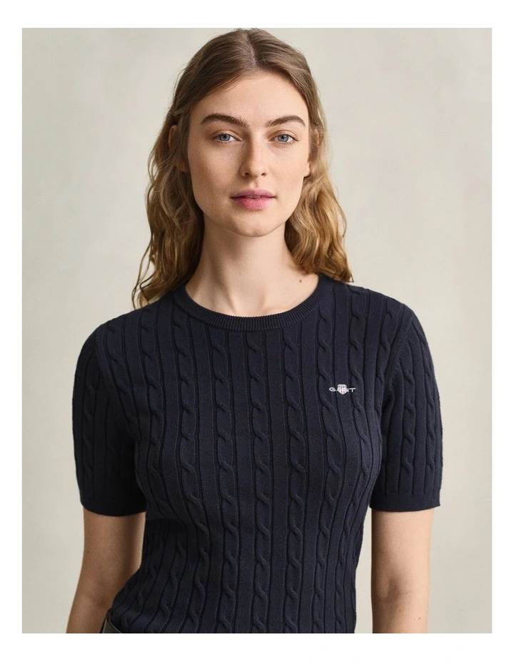 Stretch Cotton Cable Short Sleeve Knit in Blue image 3
