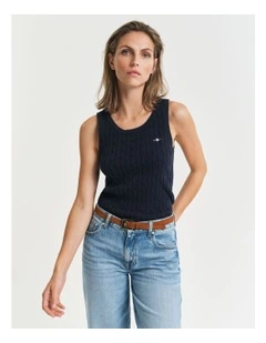 Stretch Cotton Cable Knit Tank Top in Evening Blue