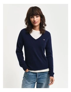 Extra Fine Lambswool V-Neck Knit in Evening Blue