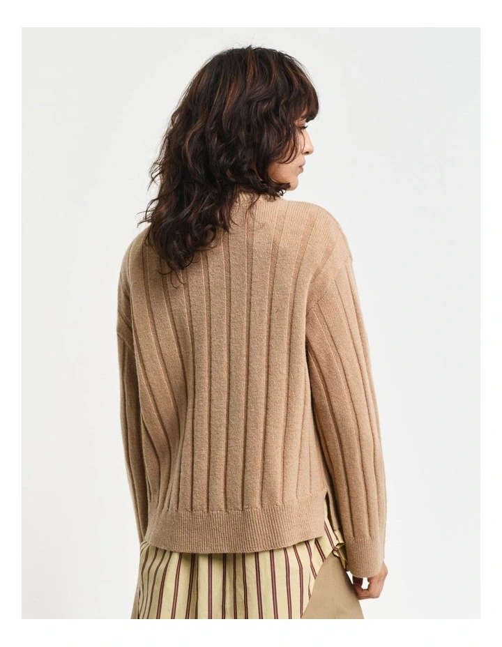 Wide Ribbed Wool V-Neck Knit in Caramel Beige image 2