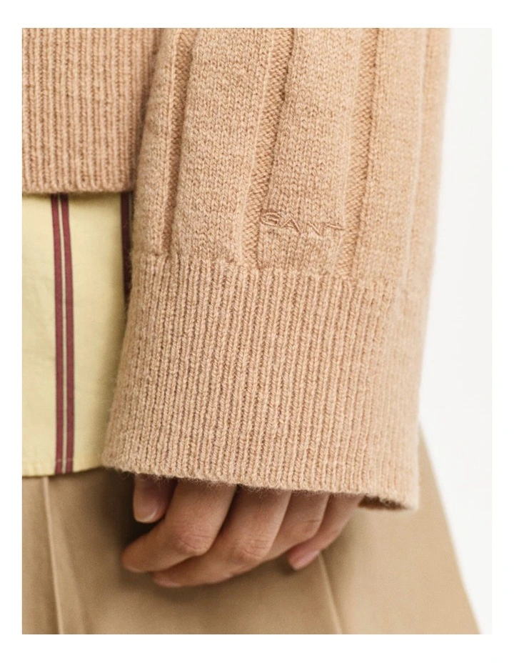 Wide Ribbed Wool V-Neck Knit in Caramel Beige image 4