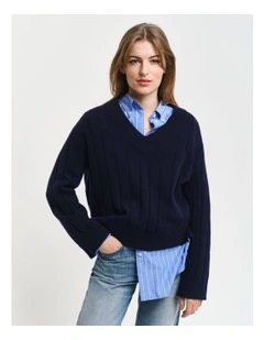 Wide Ribbed Wool V-Neck Knit in Evening Blue
