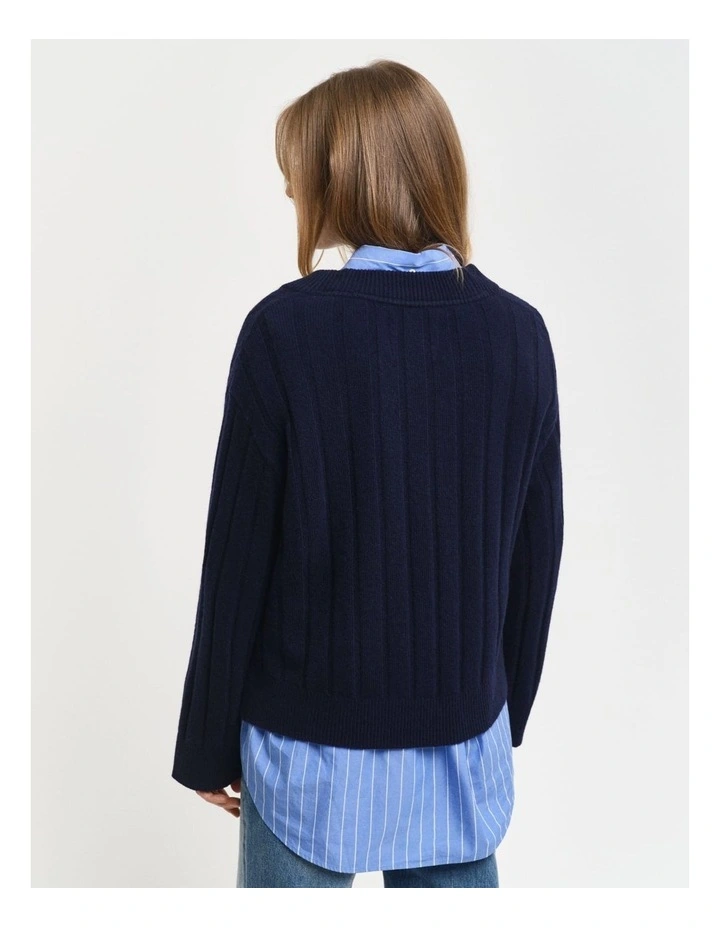 Wide Ribbed Wool V-Neck Knit in Evening Blue image 2