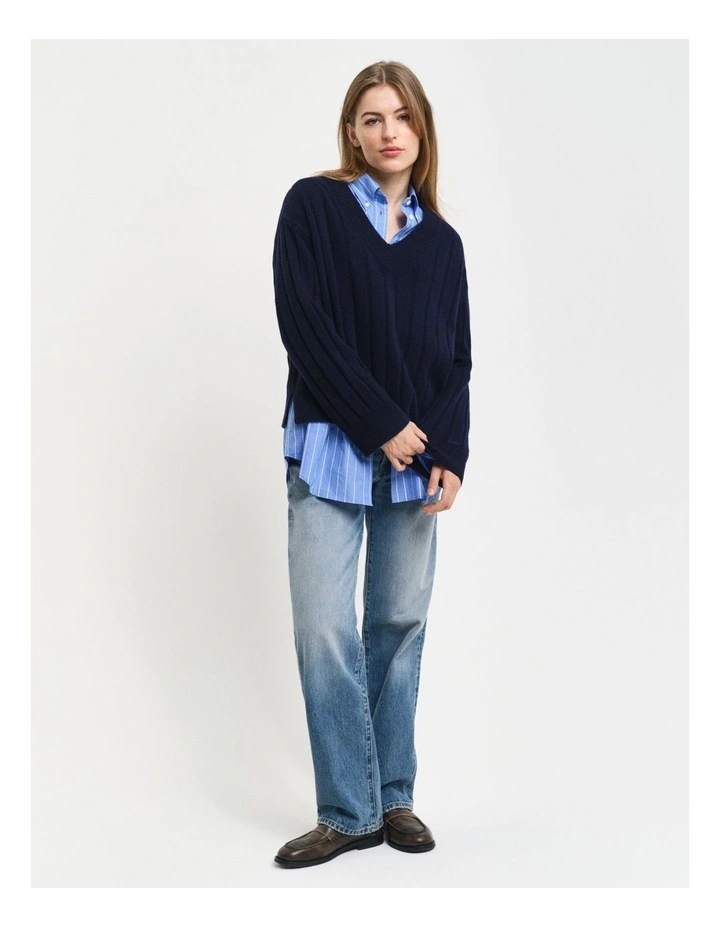Wide Ribbed Wool V-Neck Knit in Evening Blue image 3