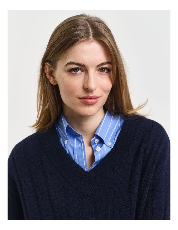 Wide Ribbed Wool V-Neck Knit in Evening Blue image 4
