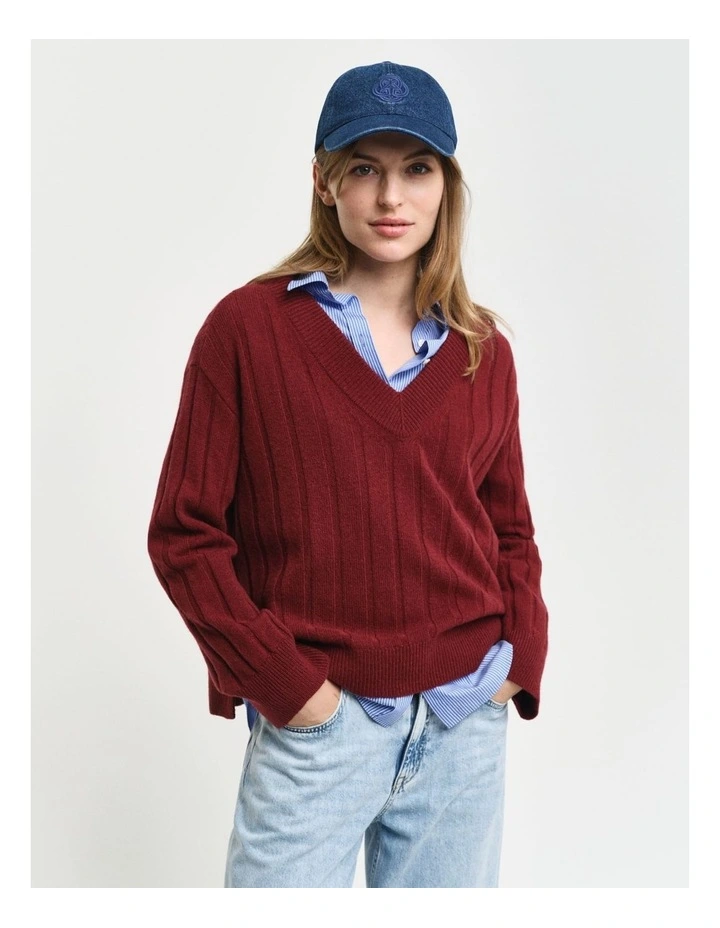 Wide Ribbed Wool V-Neck Knit in Plumped Red image 1