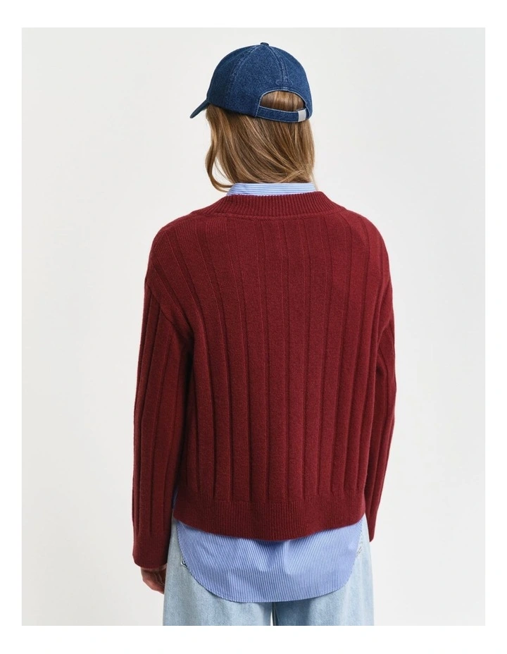 Wide Ribbed Wool V-Neck Knit in Plumped Red image 2
