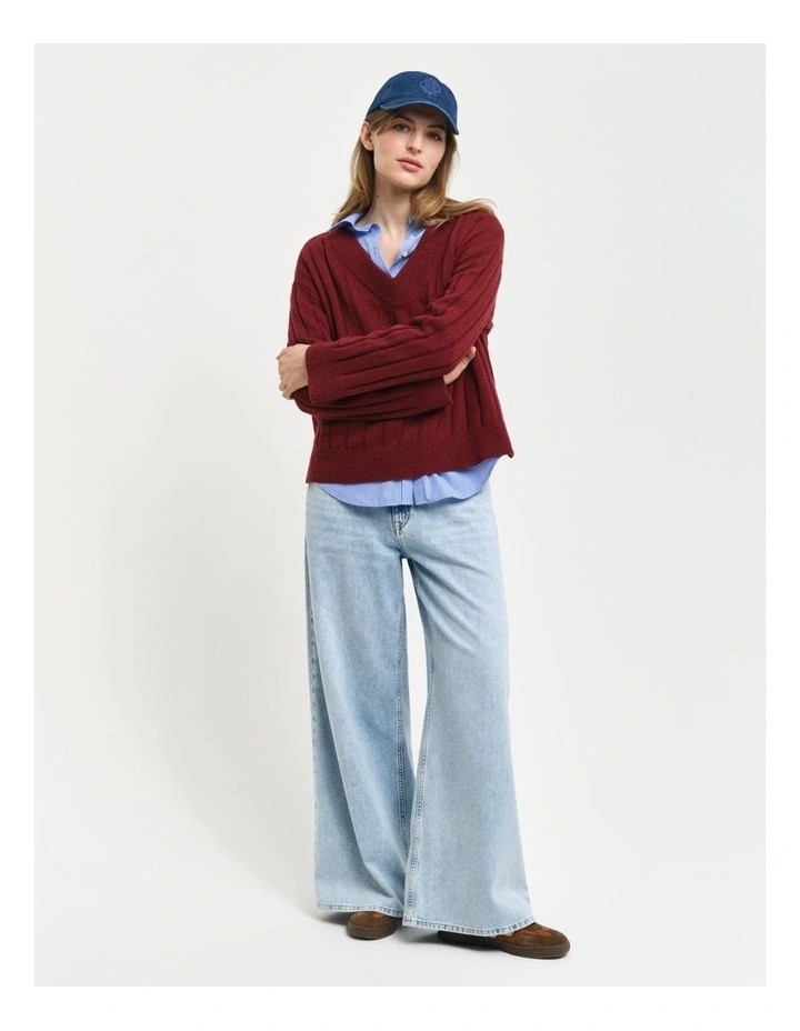 Wide Ribbed Wool V-Neck Knit in Plumped Red image 3
