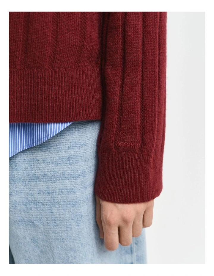 Wide Ribbed Wool V-Neck Knit in Plumped Red image 4