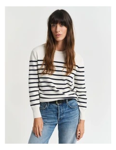 Striped Cotton Crew Neck Knit in White