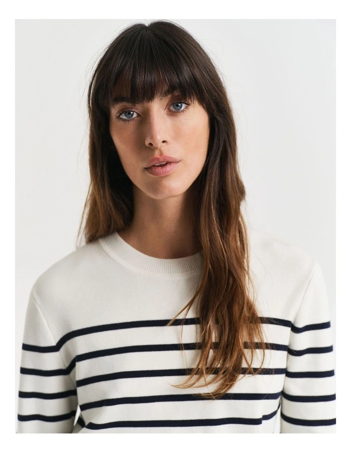 Striped Cotton Crew Neck Knit in White image 3