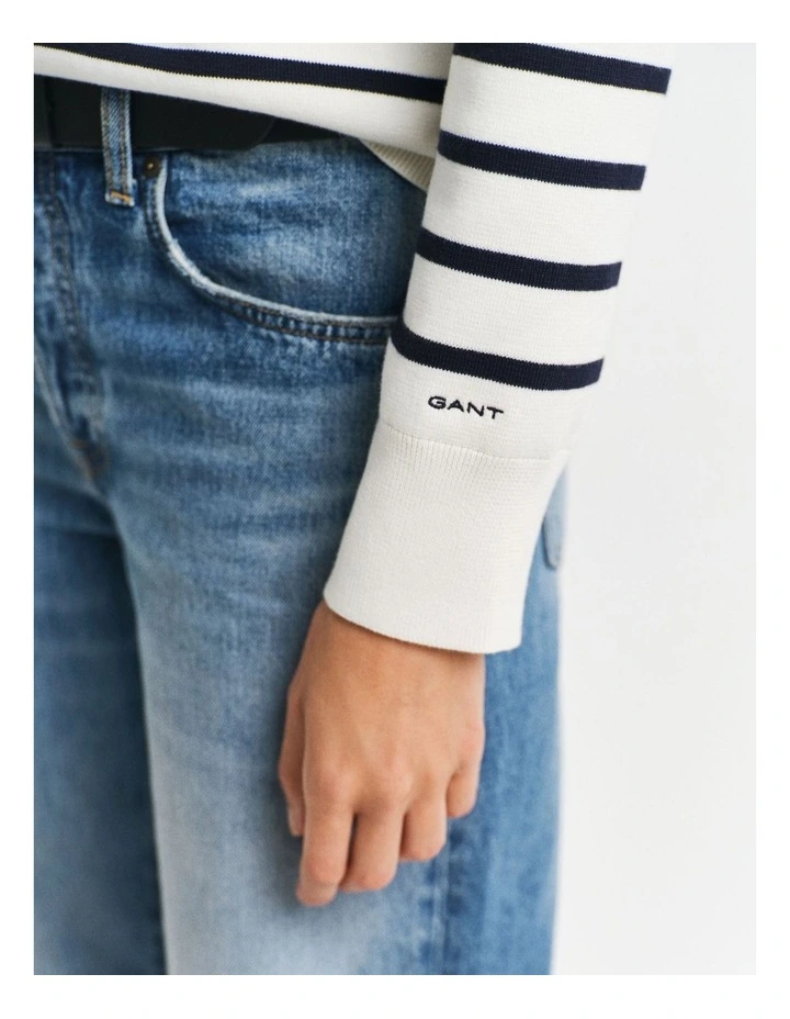 Striped Cotton Crew Neck Knit in White image 4