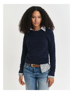 Textured Cotton Crew Neck Knit in Evening Blue