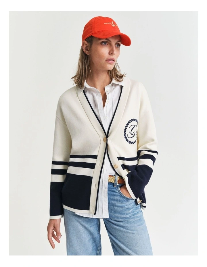 Varsity V-Neck Cardigan in Cream image 1
