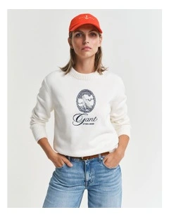 Graphic Cotton Crew Neck Knit in Eggshell