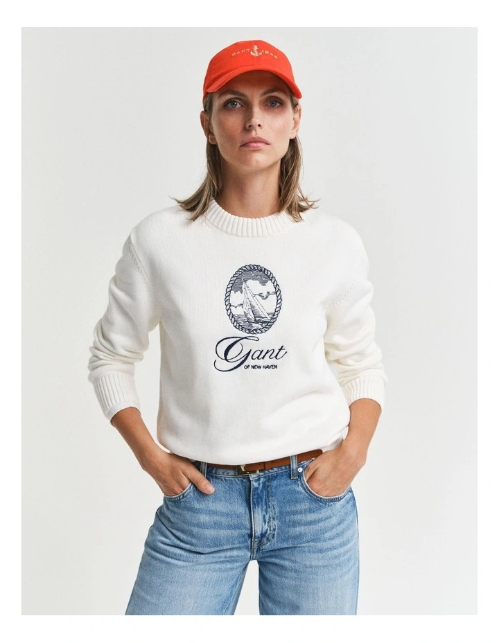 Graphic Cotton Crew Neck Knit in Eggshell image 1