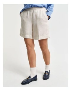 Relaxed Fit Linen Blend Pull On Shorts in Putty
