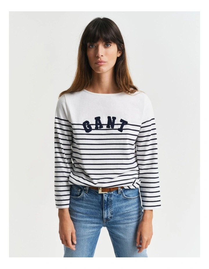 Regular Fit Breton Boat Neck T-shirt in Evening Blue image 1