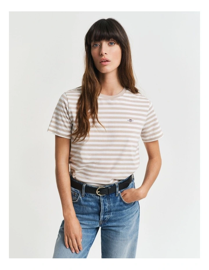 Regular Fit Striped Shield Short Sleeve T-shirt in Dry Sand image 1