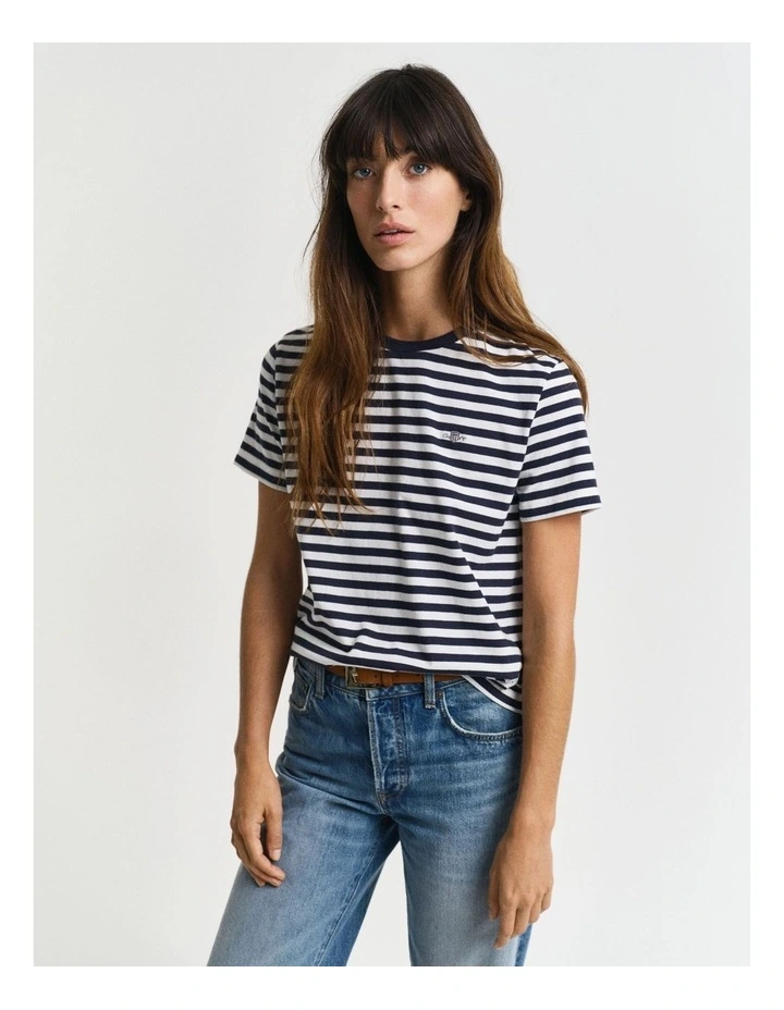 Regular Fit Striped Shield Short Sleeve T-shirt in Evening Blue image 1