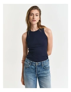 High Neck Rib Tank Top in Evening Blue