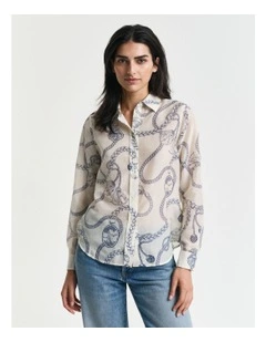Regular Fit Sailing Print Cotton Silk Shirt in Cream