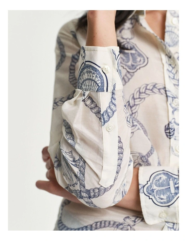 Regular Fit Sailing Print Cotton Silk Shirt in Cream image 4