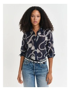 Regular Fit Sailing Print Cotton Silk Shirt in Evening Blue