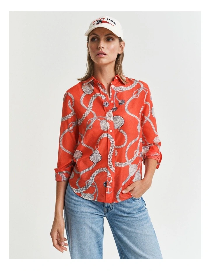 Regular Fit Sailing Print Cotton Silk Shirt in Orange Red image 1