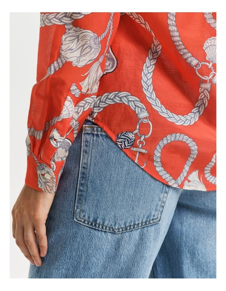 Regular Fit Sailing Print Cotton Silk Shirt in Orange Red image 5
