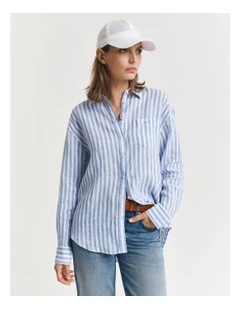 Relaxed Fit Striped Linen Shirt in Perfect Blue