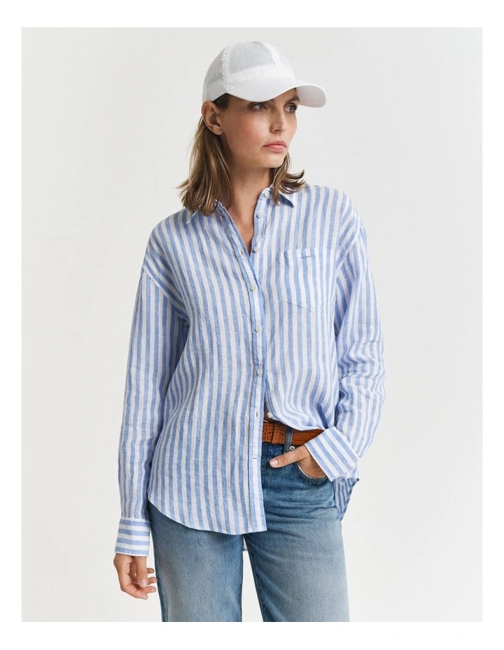 Relaxed Fit Striped Linen Shirt in Perfect Blue image 1