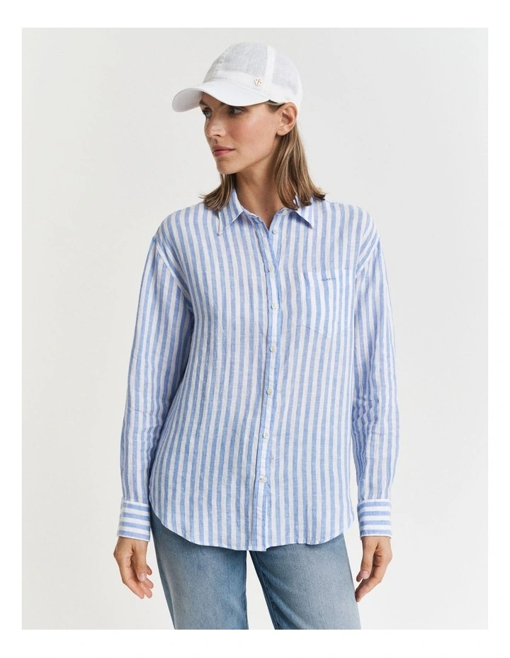 Relaxed Fit Striped Linen Shirt in Perfect Blue image 4