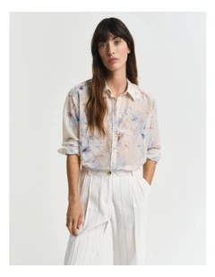 Relaxed Fit Floral Print Cotton Silk Shirt in Putty