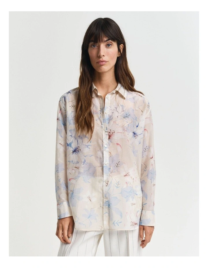 Relaxed Fit Floral Print Cotton Silk Shirt in Putty image 3