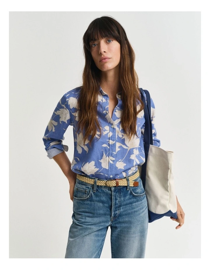 Regular Fit Floral Print Linen Shirt in Perfect Blue image 1