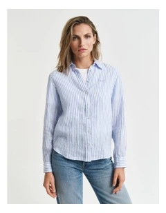 Regular Fit Striped Linen Shirt in Perfect Blue