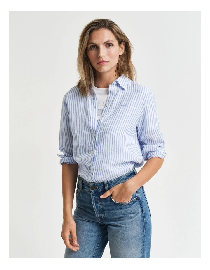 Regular Fit Striped Linen Shirt in Perfect Blue image 3