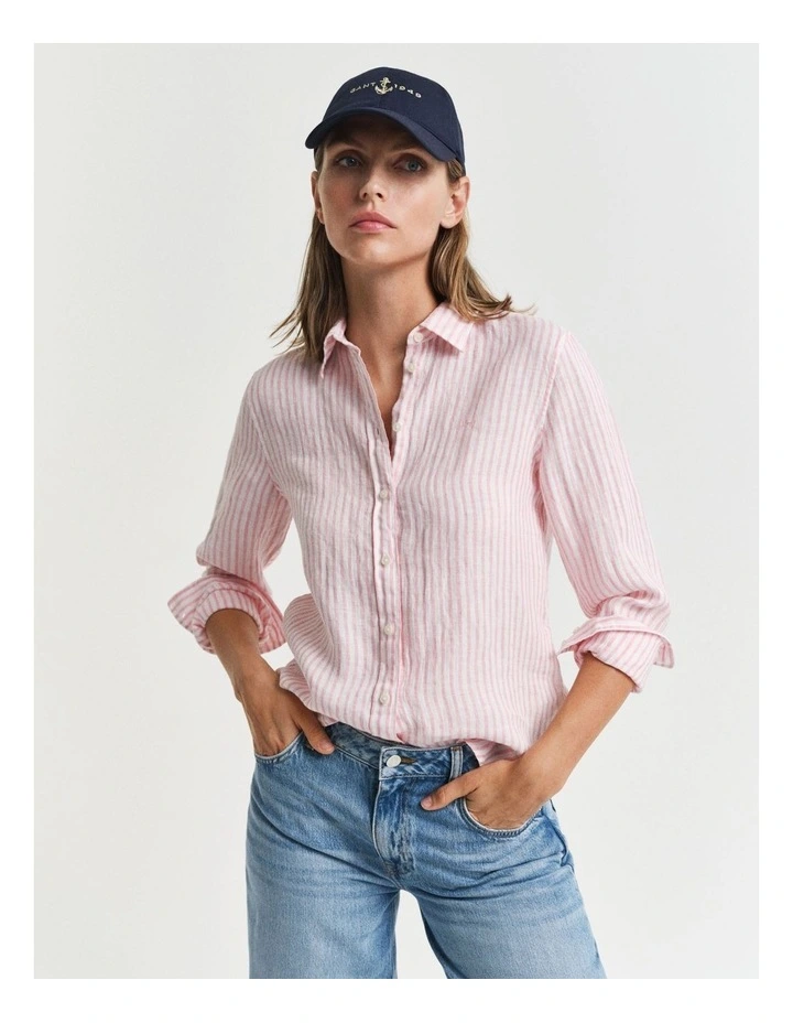 Regular Fit Striped Linen Shirt in Geranium Pink image 1