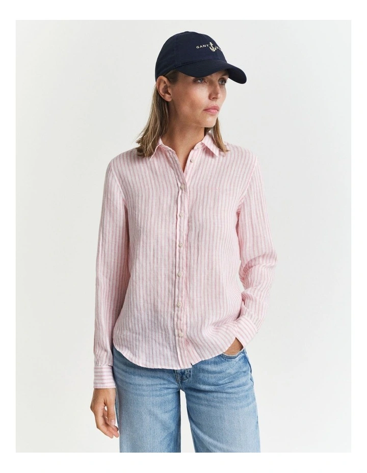 Regular Fit Striped Linen Shirt in Geranium Pink image 3