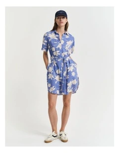 Linen Floral Print Shirt Dress in Perfect Blue
