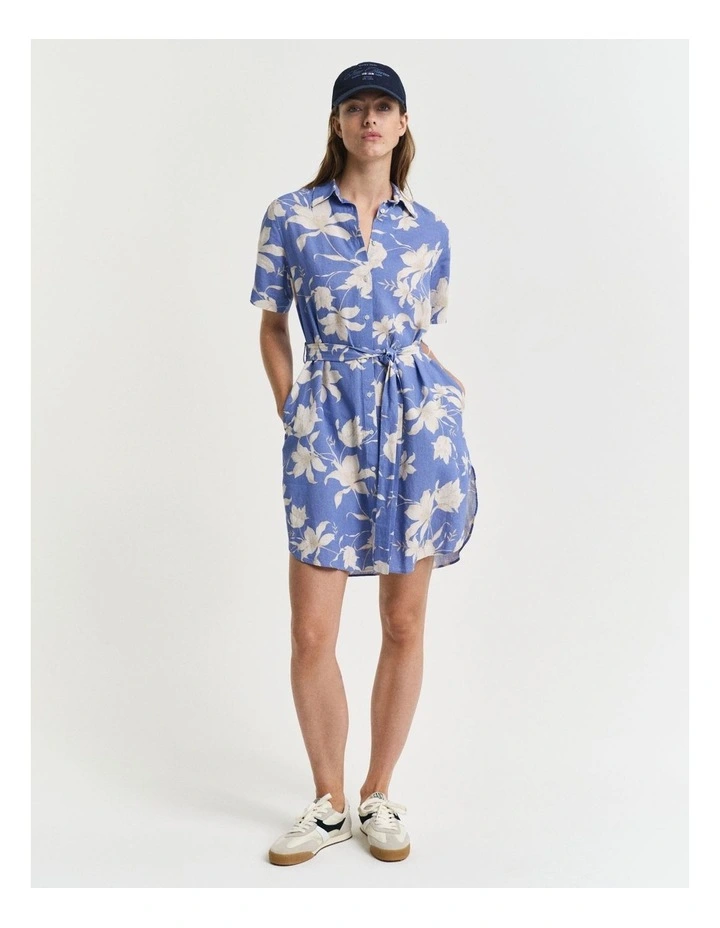Linen Floral Print Shirt Dress in Perfect Blue image 1