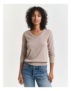 Fine Knit V-neck Sweater in Dry Sand