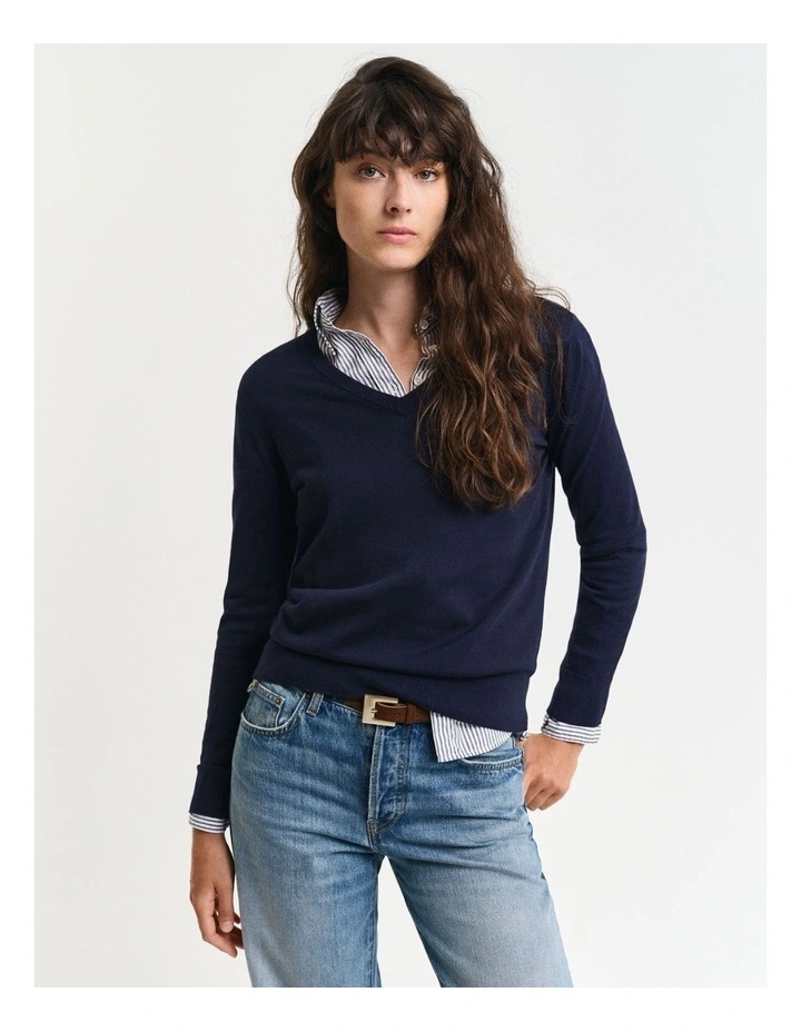 Fine Knit V-neck Sweater in Evening Blue image 1