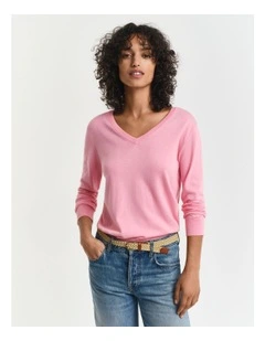 Fine Knit V-neck Sweater in Geranium Pink