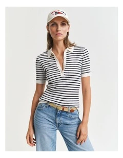 Striped Rib Knit Short Sleeve Rugger in Evening Blue